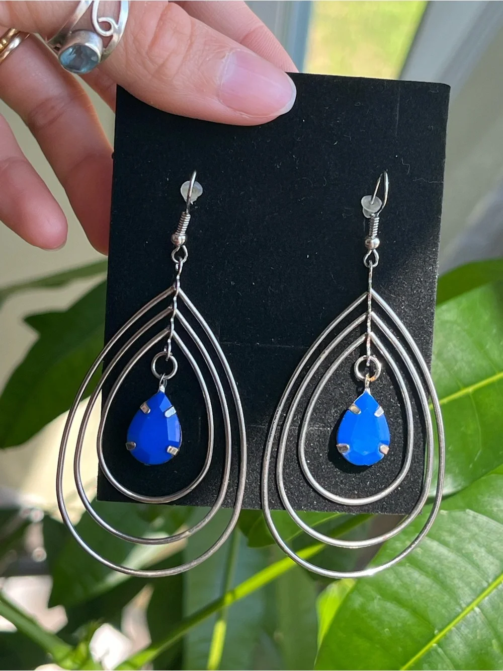 Silver Teardrop Earrings with Cobalt Blue Stone, maybe vintage